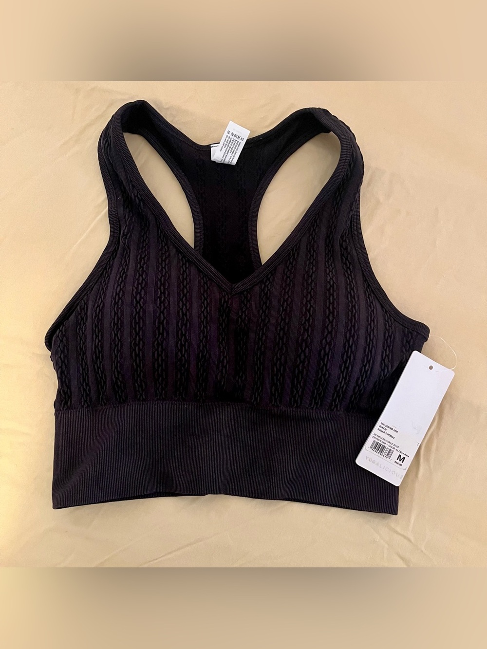 Yogalicious NWT Seamless Cable Knit Stonewash + Solid Alyssa Bra Black | Size M